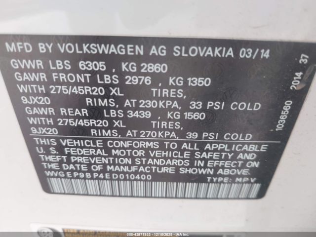 2014 VOLKSWAGEN TOUAREG WVGEP9BP4ED010400 Photo 8