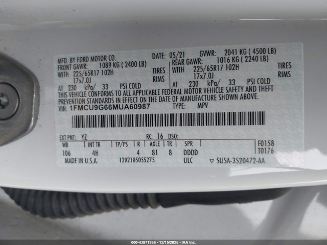 1FMCU9G66MUA60987 Ford ESCAPE SE