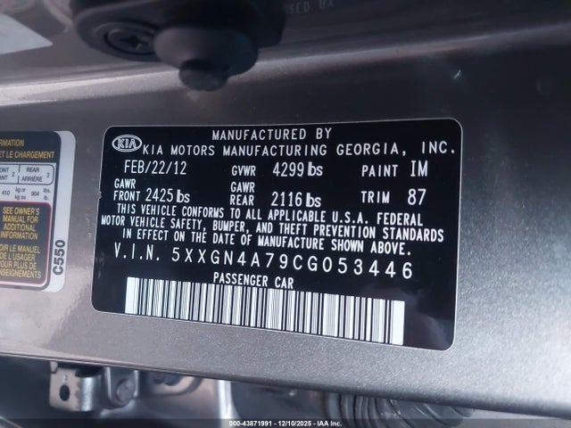Продажа на аукционе авто 2012 Kia Optima Ex, vin: 5XXGN4A79CG053446, номер лота: 43871991