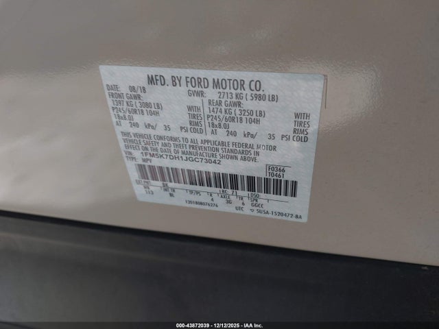 1FM5K7DH1JGC73042 Ford EXPLORER XLT