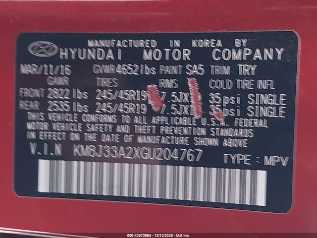 Aukcja sprzedaży 2016 Hyundai Tucson Limited, vin: KM8J33A2XGU204767, numer aukcji: 43872064