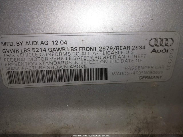 2005 AUDI A6 WAUDG74F95N080698 Photo 8