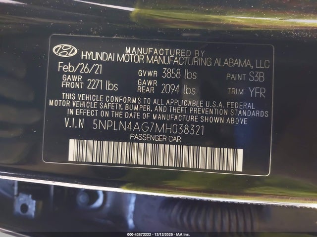 5NPLN4AG7MH038321 Hyundai ELANTRA SEL