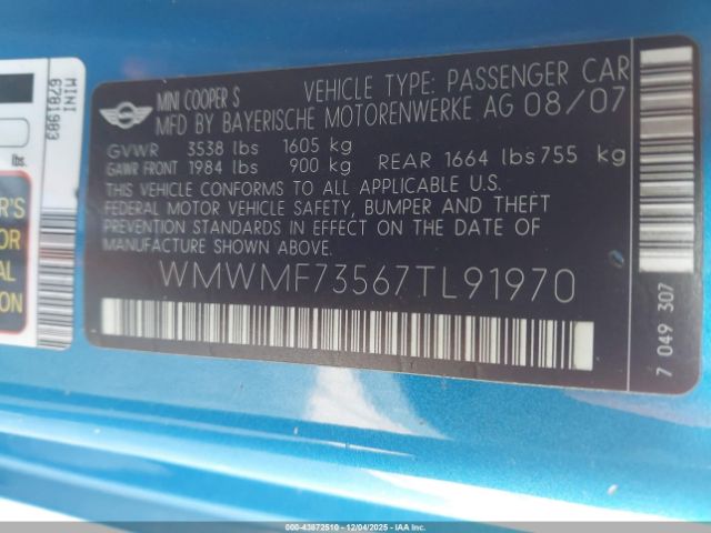 2007 MINI COOPER S WMWMF73567TL91970 Photo 8