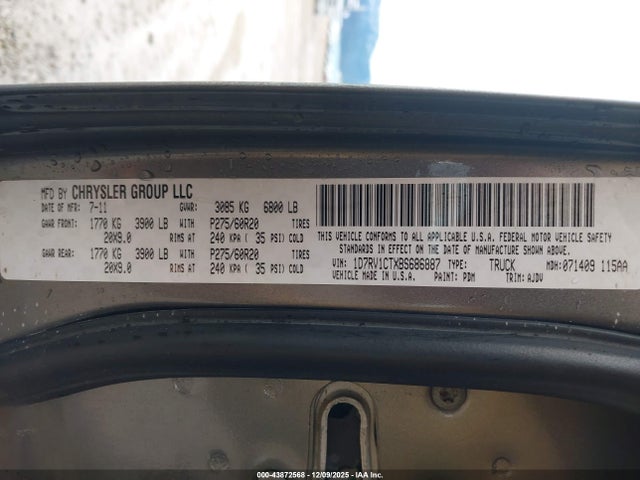 Aukcja sprzedaży 2011 Ram Ram 1500 Sport, vin: 1D7RV1CTXBS686887, numer aukcji: 43872568