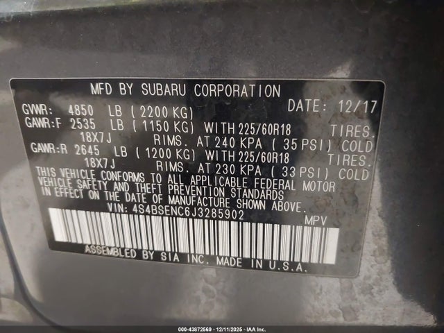 Продаж на аукціоні авто 2018 Subaru Outback 3.6r Limited, vin: 4S4BSENC6J3285902, номер лоту: 43872569