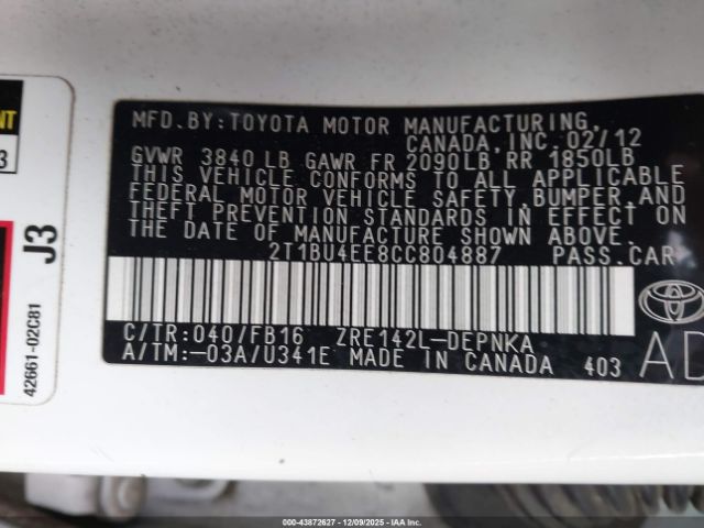 2012 TOYOTA COROLLA 2T1BU4EE8CC804887 Photo 8