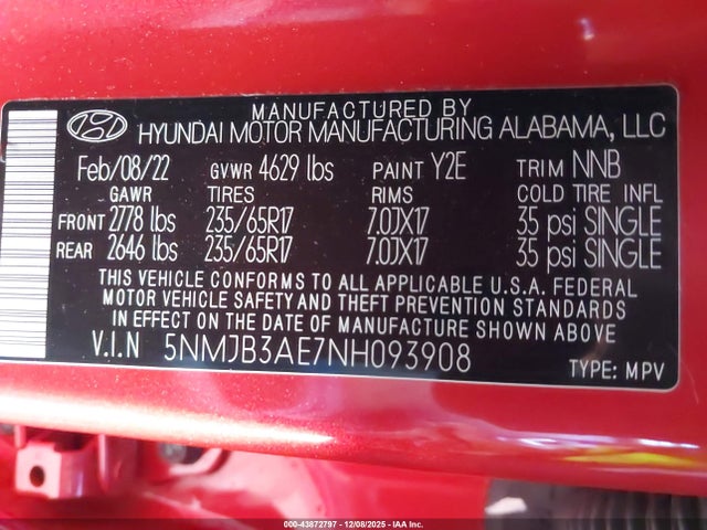 5NMJB3AE7NH093908 Hyundai TUCSON SEL
