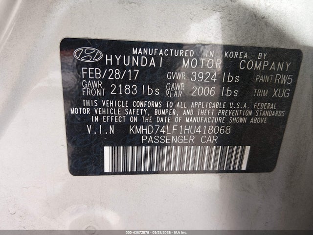 Продажа на аукционе авто 2017 Hyundai Elantra Se, vin: KMHD74LF1HU418068, номер лота: 43872878