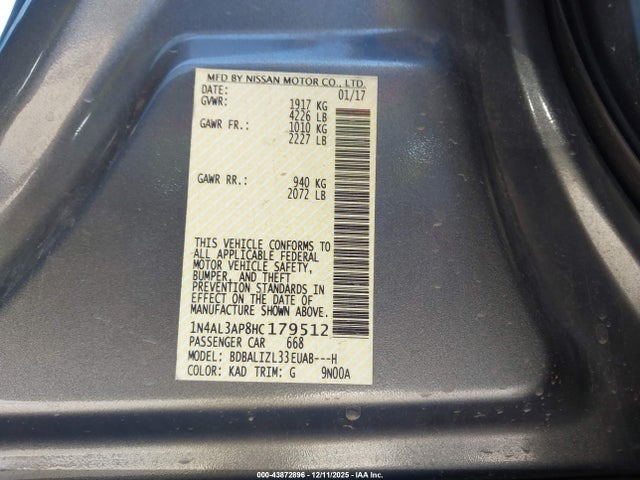 1N4AL3AP8HC179512 Nissan Altima 2.5 Sv