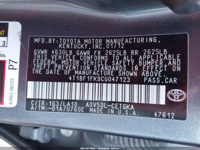 2012 TOYOTA CAMRY 4T1BF1FK9CU047123 Photo 8