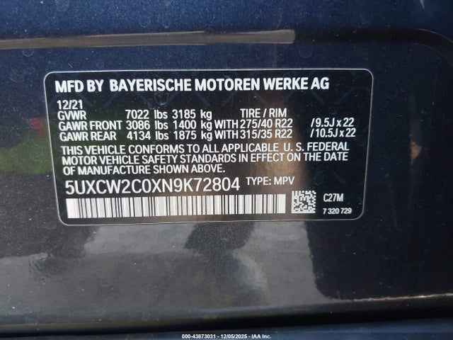 Продаж на аукціоні авто 2022 Bmw X7 Xdrive40i, vin: 5UXCW2C0XN9K72804, номер лоту: 43873031