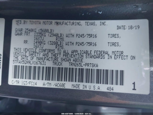 5TFAX5GN9LX167631 Toyota Tacoma Sr5