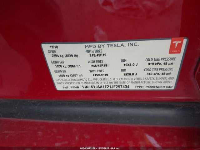 Продаж на аукціоні авто 2018 Tesla Model S 100d/75d/p100d, vin: 5YJSA1E21JF297434, номер лоту: 43873106