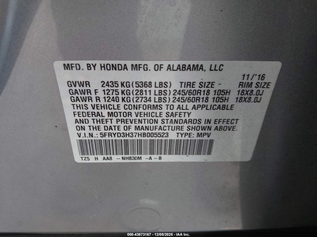 2017 Acura Mdx მანქანა იყიდება აუქციონზე, vin: 5FRYD3H37HB005523, აუქციონის ნომერი: 43873167