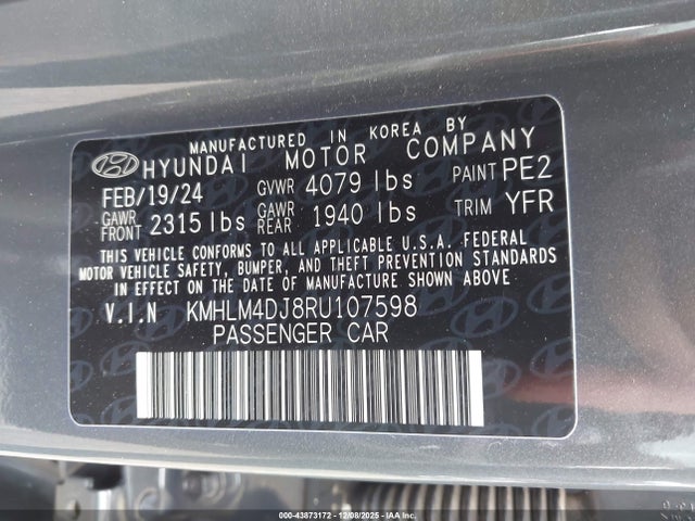 43873172 :رقم المزاد ، KMHLM4DJ8RU107598 vin ، 2024 Hyundai Elantra Hybrid Blue مزاد بيع