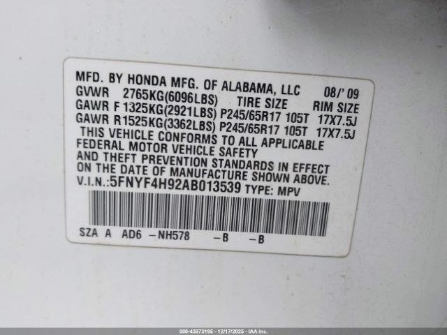 2010 HONDA PILOT 5FNYF4H92AB013539 Photo 8