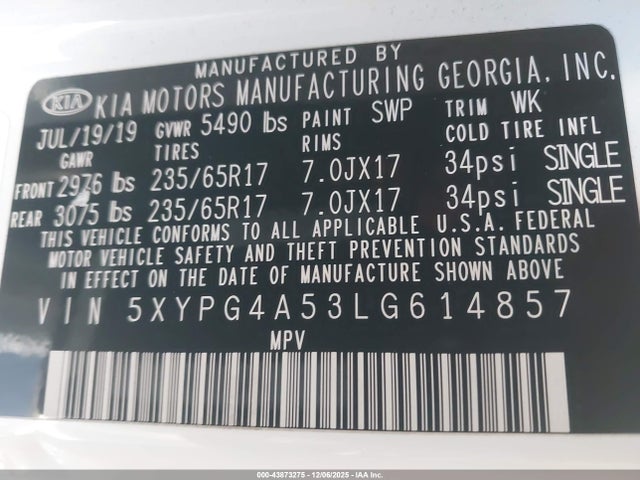 5XYPG4A53LG614857 KIA Sorento 3.3l Lx