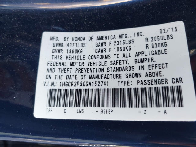 1HGCR2F50GA152741 Honda Accord Sport