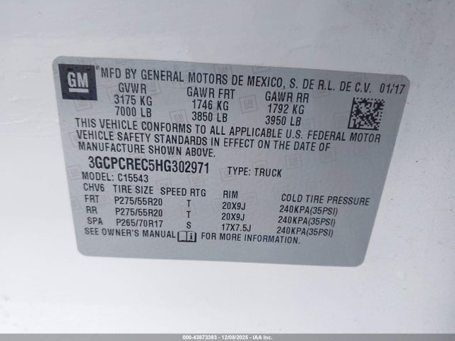 Aukcja sprzedaży 2017 Chevrolet Silverado 1500 1lt, vin: 3GCPCREC5HG302971, numer aukcji: 43873393