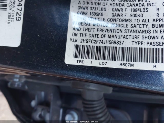 43873562 :رقم المزاد ، 2HGFC2F74JH569837 vin ، 2018 Honda Civic Ex مزاد بيع