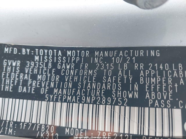 Aukcja sprzedaży 2022 Toyota Corolla Le, vin: 5YFEPMAE9NP289752, numer aukcji: 43873665