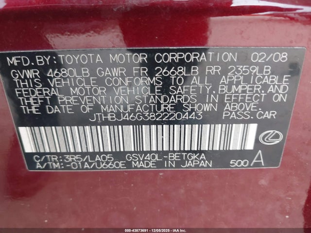 2008 LEXUS ES 350 JTHBJ46G382220443 Photo 8