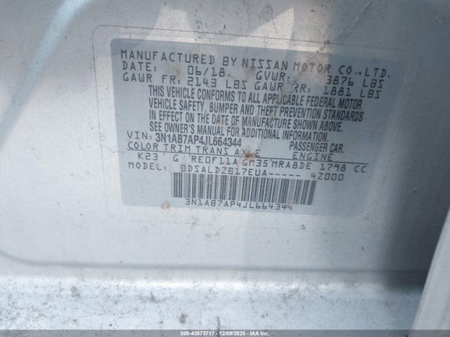 2018 Nissan Sentra Sv მანქანა იყიდება აუქციონზე, vin: 3N1AB7AP4JL664344, აუქციონის ნომერი: 43873717