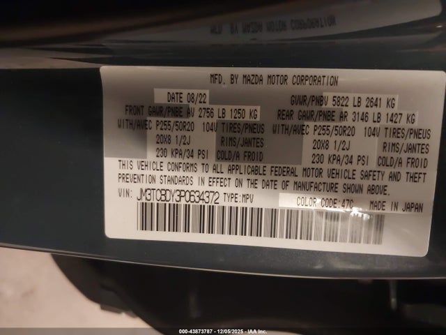 43873787 :رقم المزاد ، JM3TCBDY3P0634372 vin ، 2023 Mazda Cx-9 Carbon Edition مزاد بيع