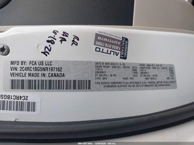 Продажа на аукционе авто 2022 Chrysler Pacifica Touring L, vin: 2C4RC1BG5NR197162, номер лота: 43873802