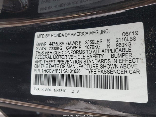 2019 Honda Accord Sport მანქანა იყიდება აუქციონზე, vin: 1HGCV1F31KA131636, აუქციონის ნომერი: 43873827