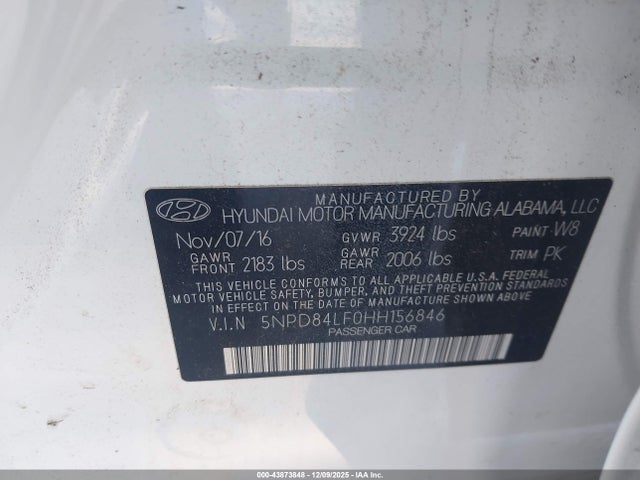 Aukcja sprzedaży 2017 Hyundai Elantra Se, vin: 5NPD84LF0HH156846, numer aukcji: 43873848