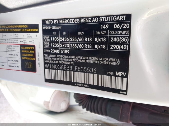 43873875 :رقم المزاد ، W1N0G8EB8LF835536 vin ، 2020 Mercedes-benz Glc 300 4matic مزاد بيع