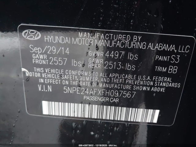 Продажа на аукционе авто 2015 Hyundai Sonata Se, vin: 5NPE24AFXFH097567, номер лота: 43873932