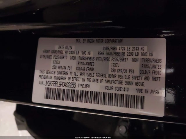 43873940 :رقم المزاد ، JM3KFBBL9R0492266 vin ، 2024 Mazda Cx-5 2.5 S Select مزاد بيع