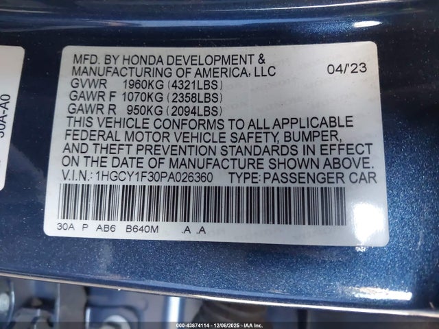 1HGCY1F30PA026360 Honda ACCORD EX