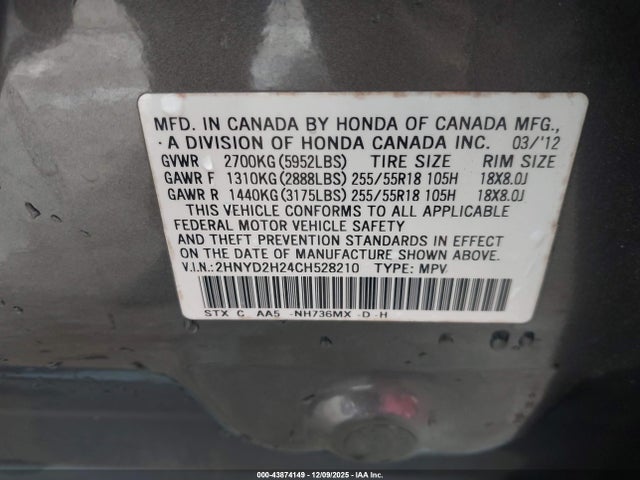 43874149 :رقم المزاد ، 2HNYD2H24CH528210 vin ، 2012 Acura Mdx مزاد بيع