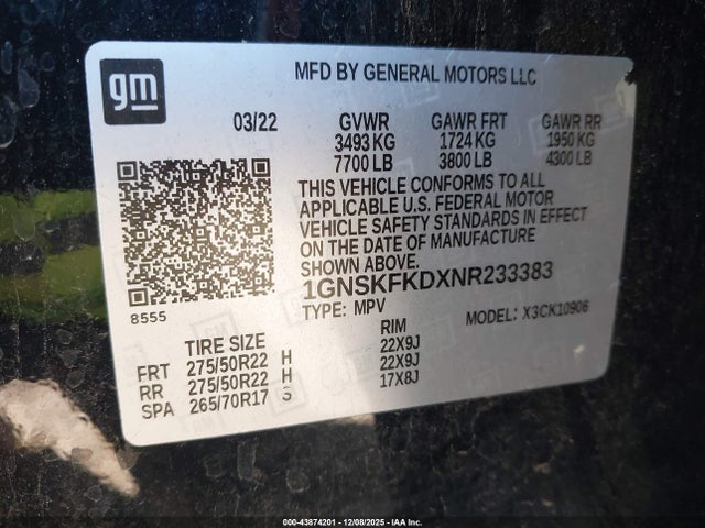 1GNSKFKDXNR233383 Chevrolet Suburban 4wd Premier