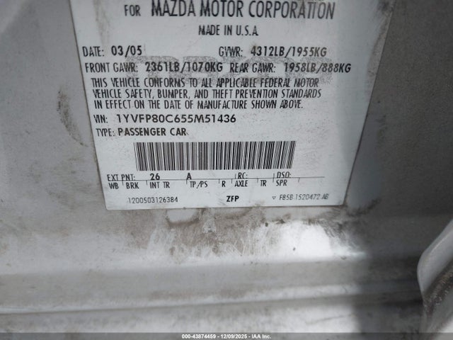 Продаж на аукціоні авто 2005 Mazda Mazda6 I Base, vin: 1YVFP80C655M51436, номер лоту: 43874459
