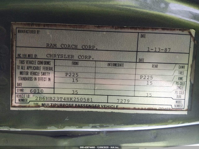 Продаж на аукціоні авто 1987 Dodge Ram Van B250, vin: 2B6HB23T4HK250581, номер лоту: 43874460