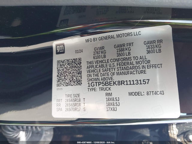 43874665 :رقم المزاد ، 1GTP5BEK8R1113157 vin ، 2024 Gmc Canyon 2wd Elevation مزاد بيع