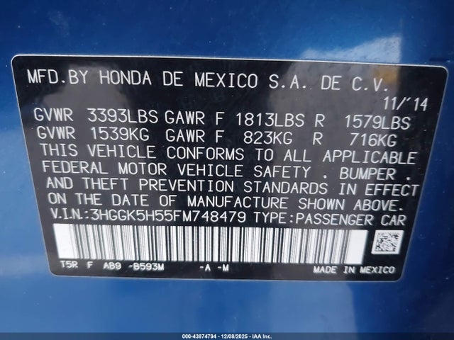 3HGGK5H55FM748479 Honda FIT LX