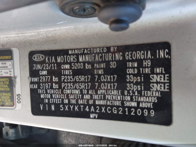 Продажа на аукционе авто 2012 Kia Sorento Lx V6, vin: 5XYKT4A2XCG212099, номер лота: 43874848