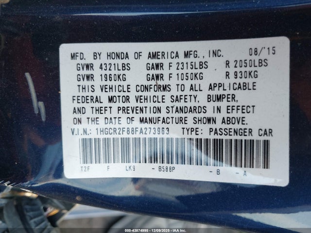 Продажа на аукционе авто 2015 Honda Accord Ex-l, vin: 1HGCR2F88FA273963, номер лота: 43874995