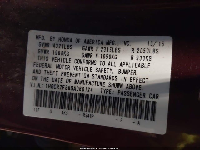 Aukcja sprzedaży 2016 Honda Accord Ex-l, vin: 1HGCR2F86GA060124, numer aukcji: 43875000