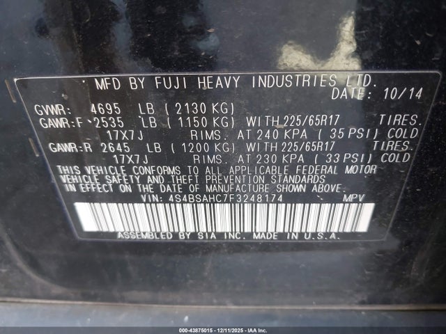 Subaru Outback 2.5i Premium 2015 4S4BSAHC7F3248174 Image 9