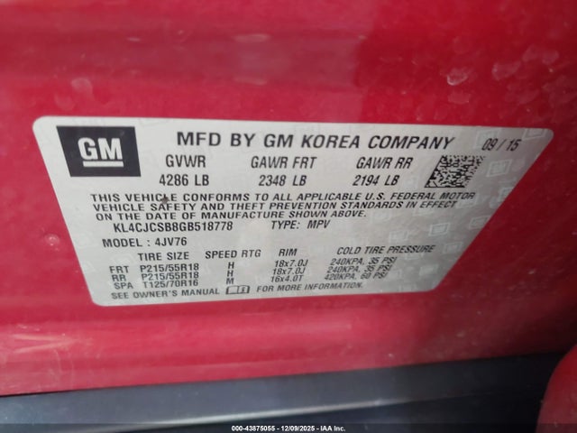 43875055 :رقم المزاد ، KL4CJCSB8GB518778 vin ، 2016 Buick Encore مزاد بيع