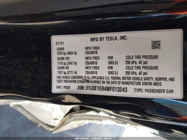2021 TESLA MODEL 3 5YJ3E1EB4MF013243 Photo 8