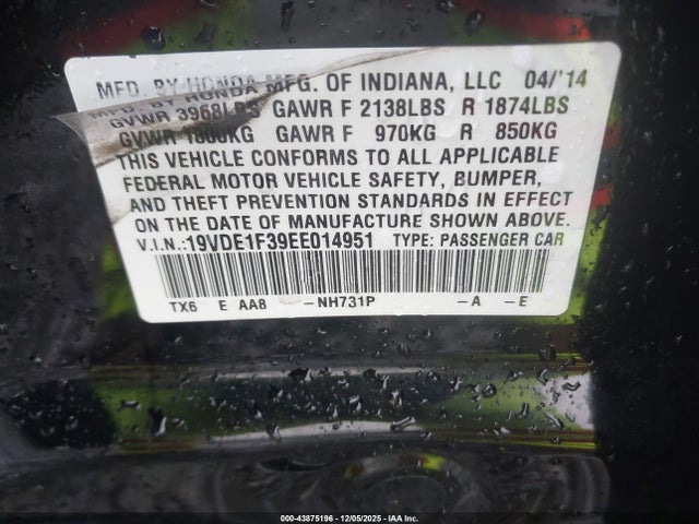 43875196 :رقم المزاد ، 19VDE1F39EE014951 vin ، 2014 Acura Ilx 2.0l مزاد بيع