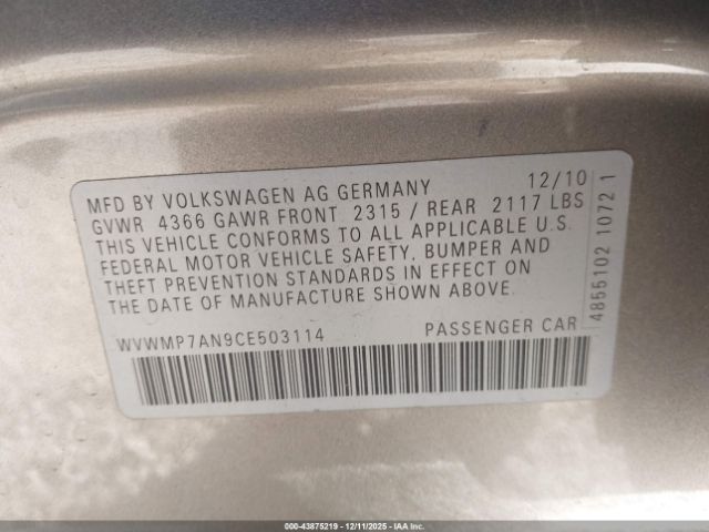 2012 VOLKSWAGEN CC WVWMP7AN9CE503114 Photo 8